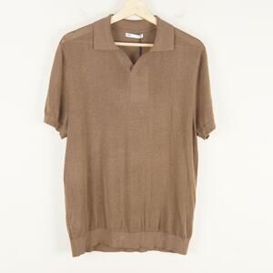 NWT Zara Cotton Linen Lyocell Soft Brown Knit Short Sleeve Polo Mens Sz L